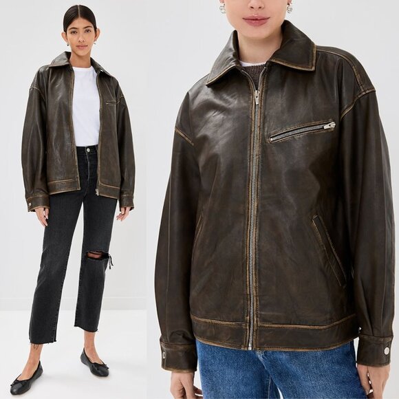 Reformation‎ Veda Marco Pitstop Brown Leather Oversized Bomber Jacket Size XL - Picture 15 of 16